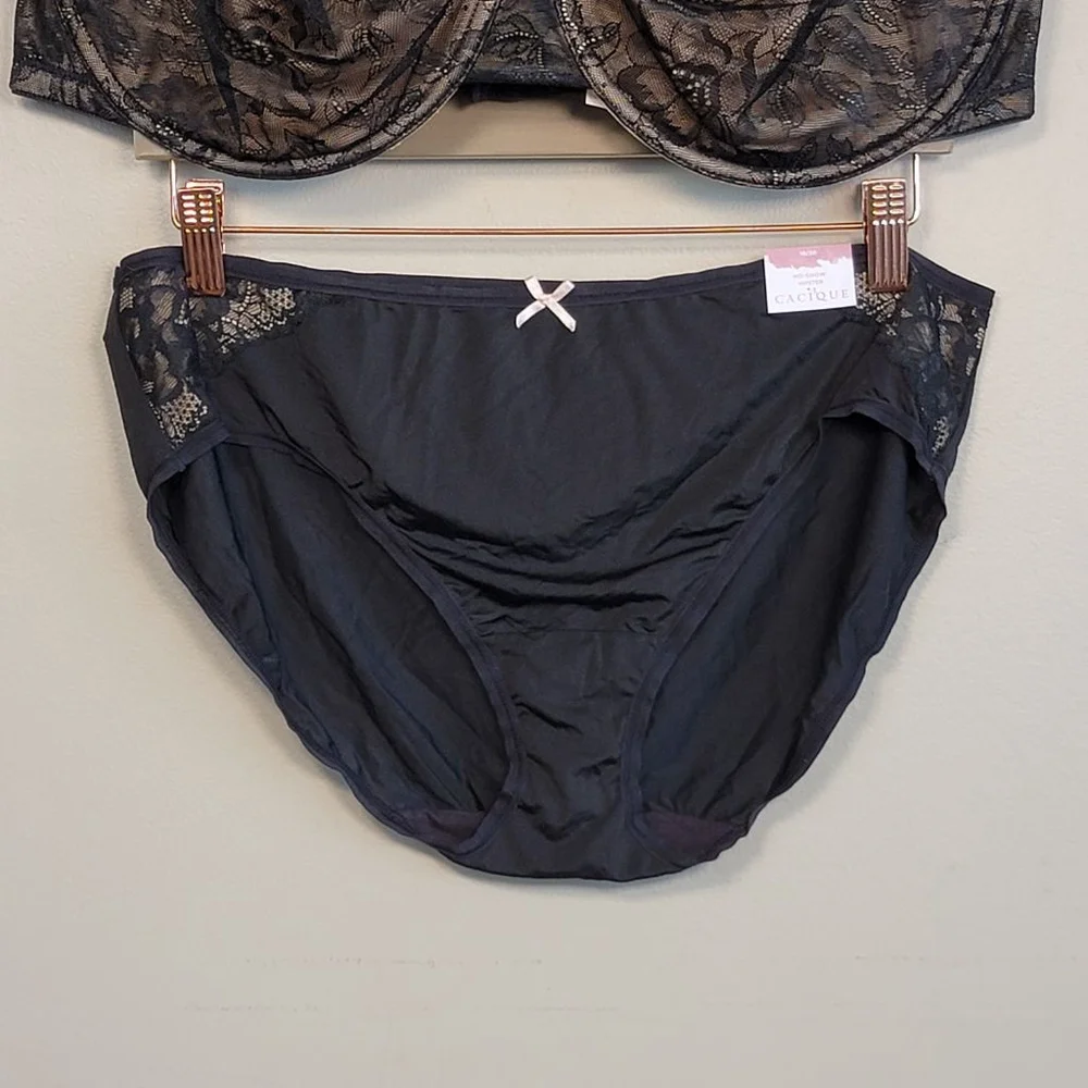 Cacique Unlined Full Coverage Black Lace Bra No Show Hipster Panties Set 46G - Picture 8 of 13